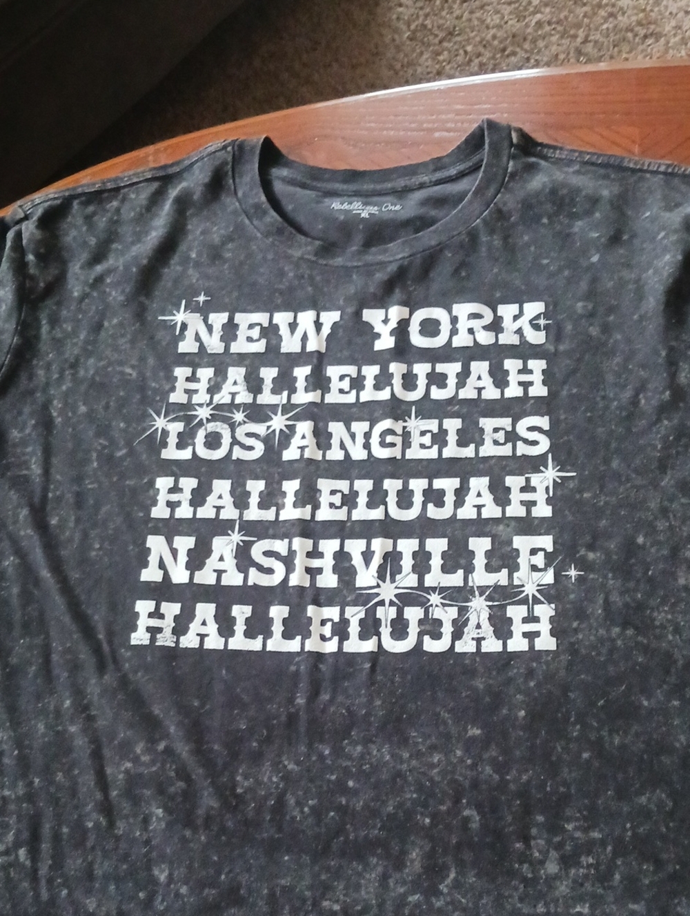 Rebellious One Black Mineral-Wash Tee with White City 'Hallelujah' Print